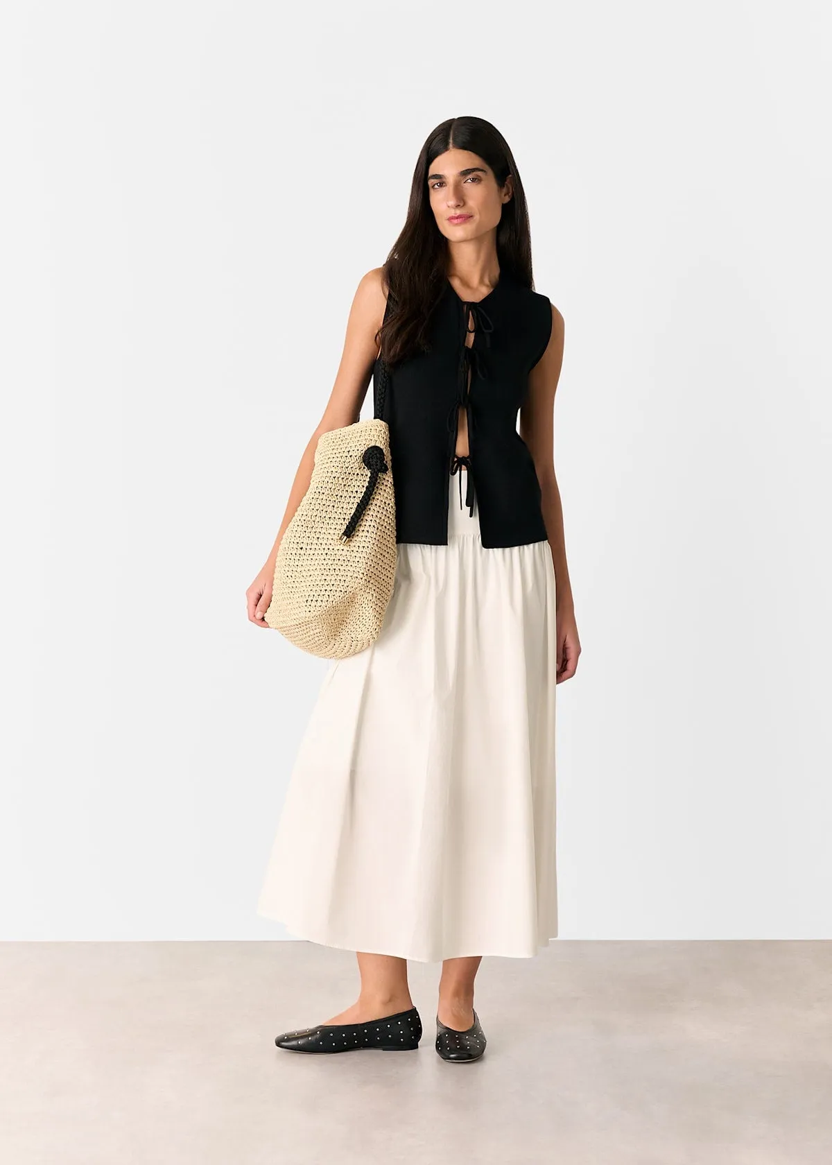 White Cotton Waisted Midi Skirt
