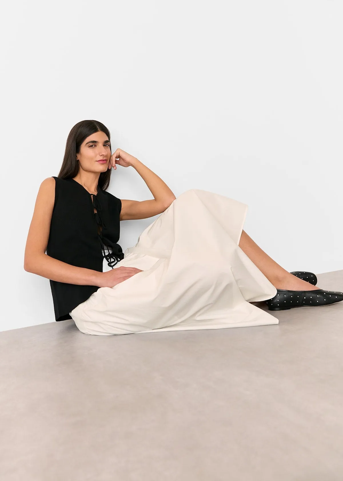 White Cotton Waisted Midi Skirt