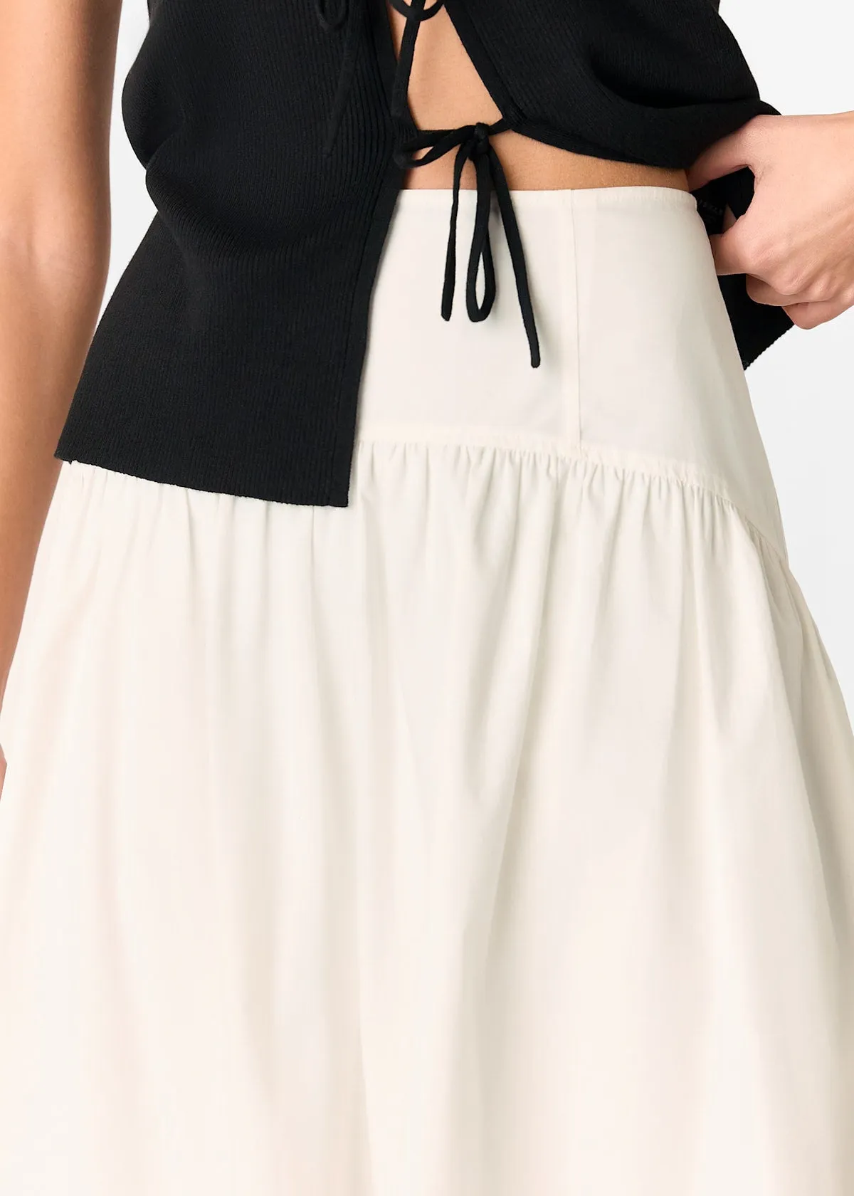 White Cotton Waisted Midi Skirt