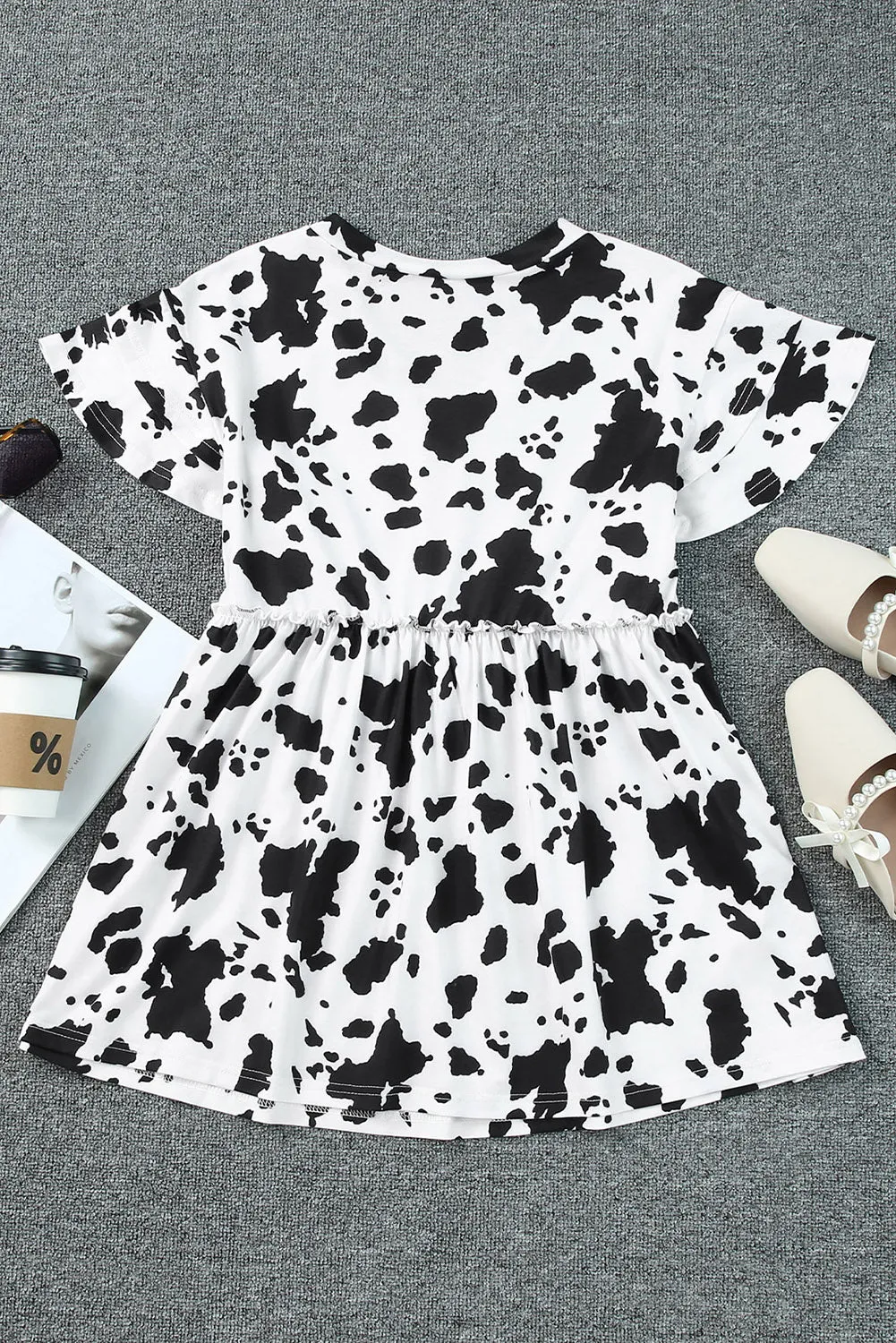 White Cow Spots Print V Neck Ruffled Casual Blouse