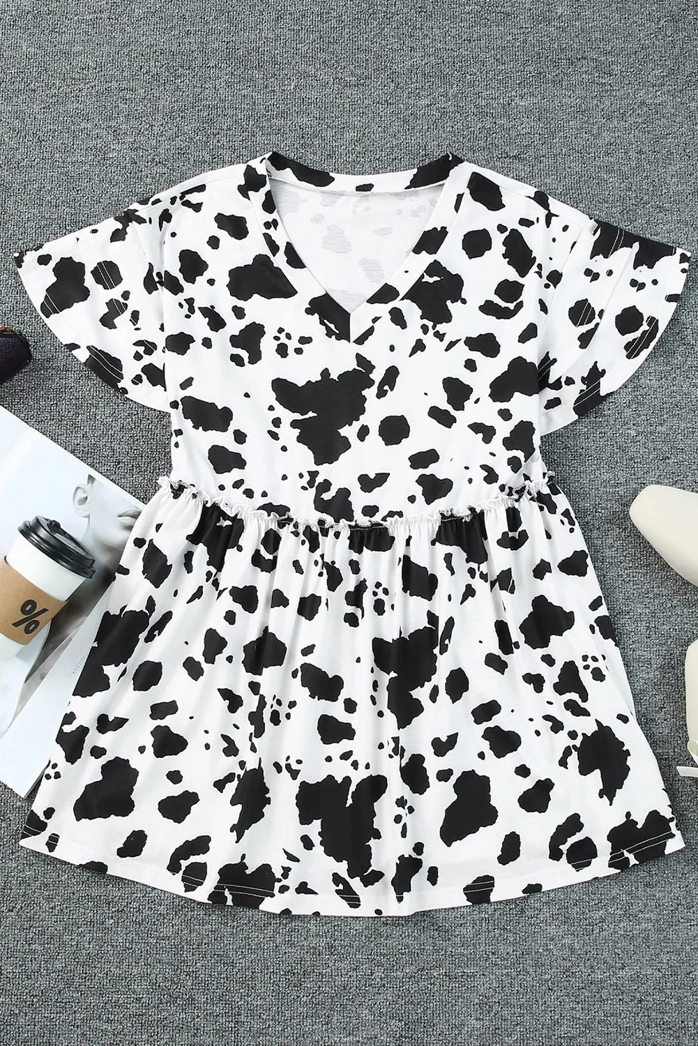 White Cow Spots Print V Neck Ruffled Casual Blouse