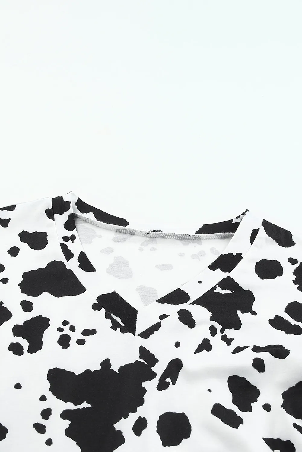 White Cow Spots Print V Neck Ruffled Casual Blouse