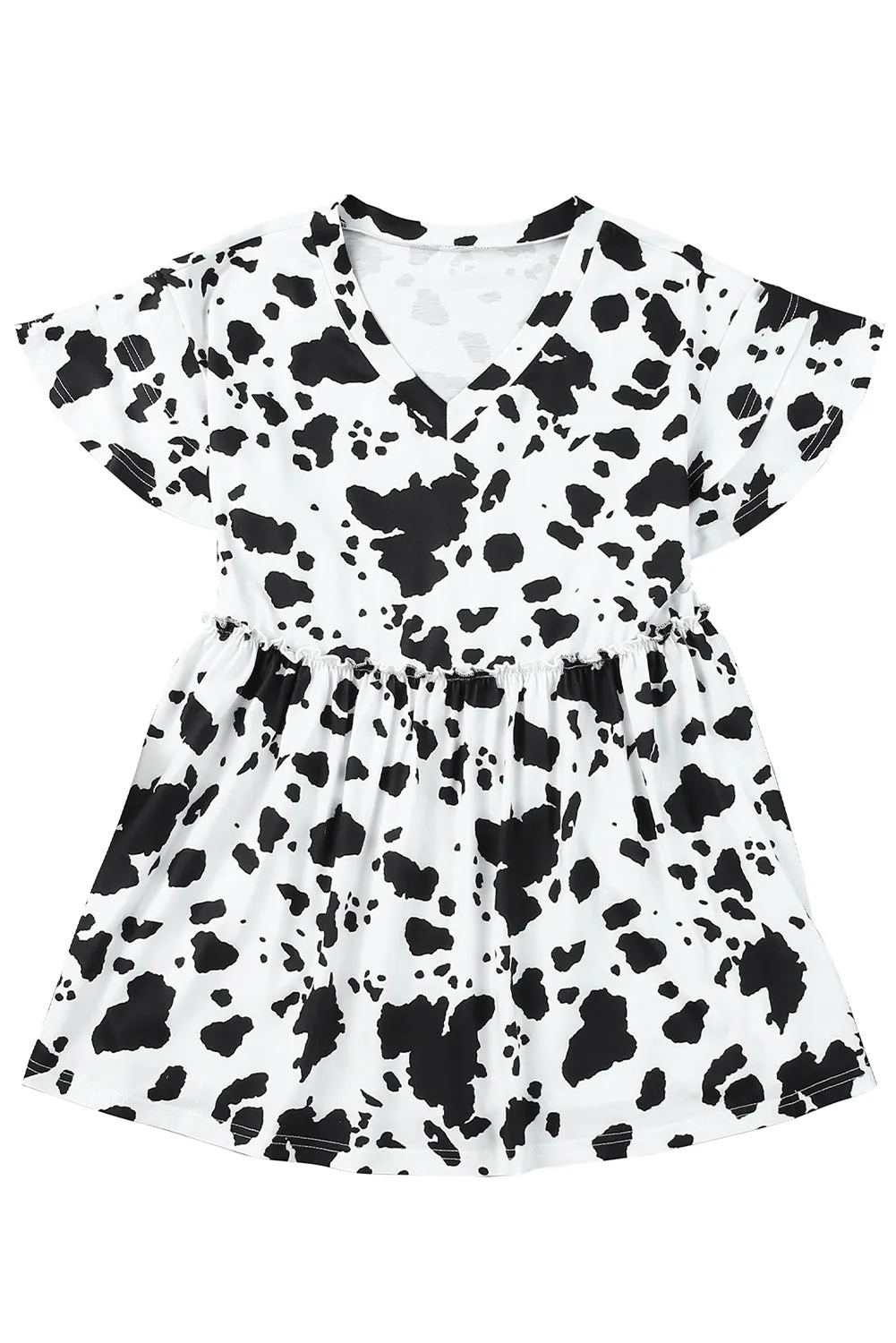 White Cow Spots Print V Neck Ruffled Casual Blouse