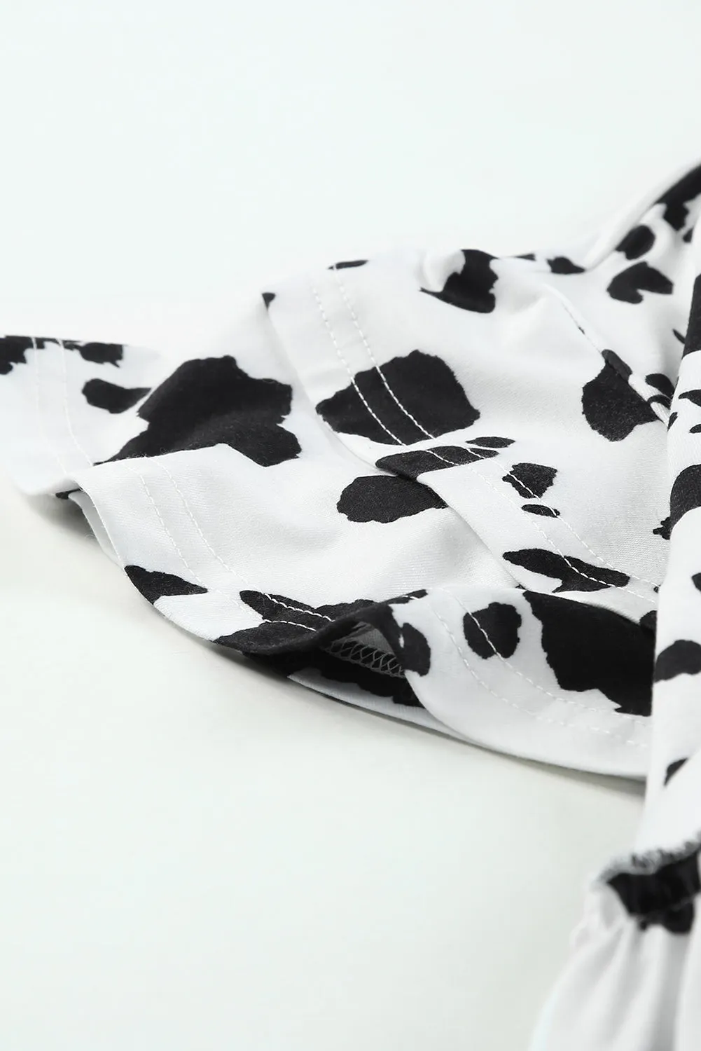 White Cow Spots Print V Neck Ruffled Casual Blouse