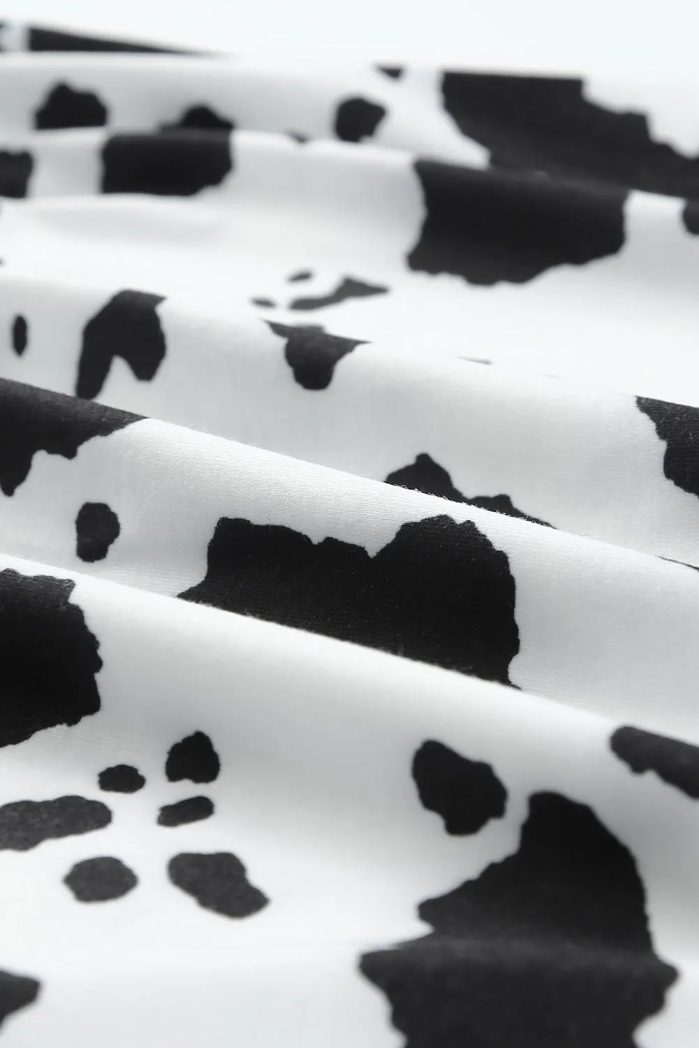 White Cow Spots Print V Neck Ruffled Casual Blouse