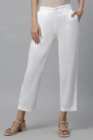 White Narrow Trousers with Buttons on Hemline