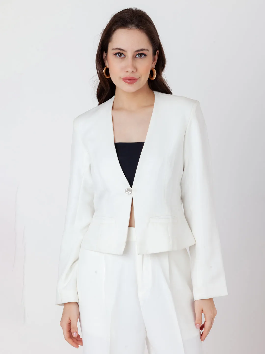 White Solid Single Breasted Blazer