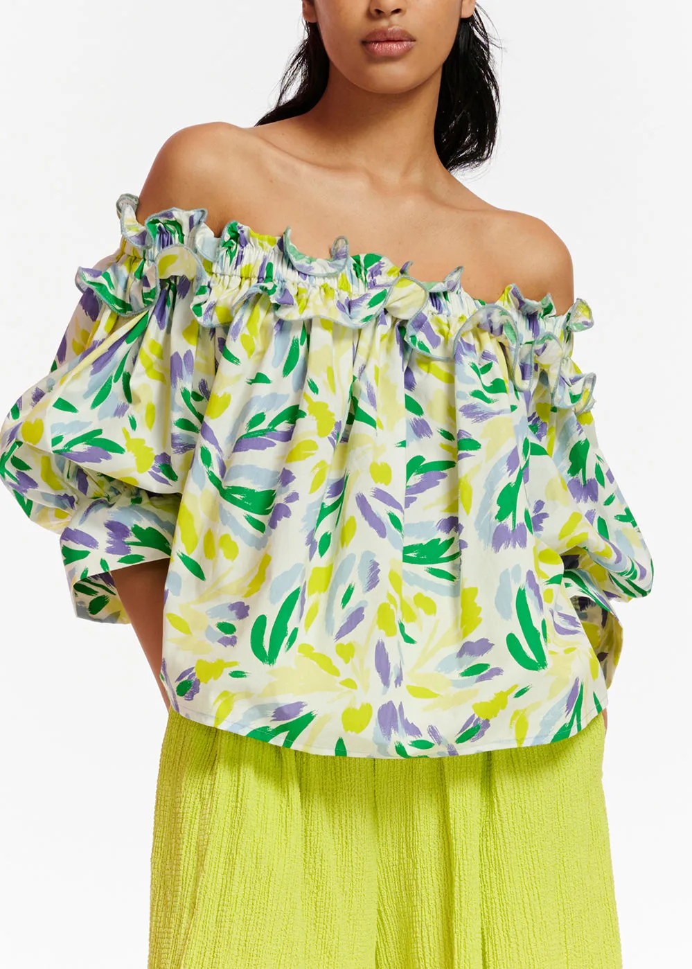 White, yellow and purple floral print off-the-shoulder top