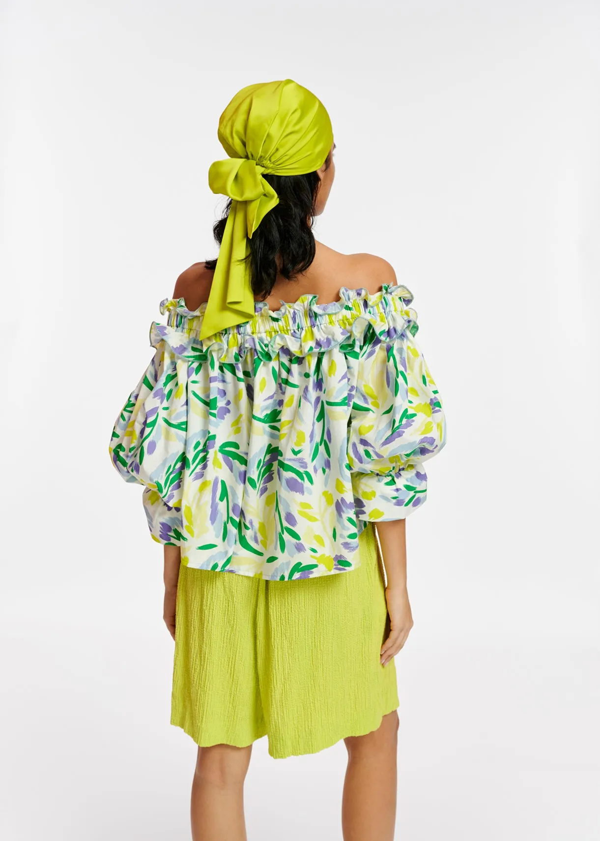 White, yellow and purple floral print off-the-shoulder top