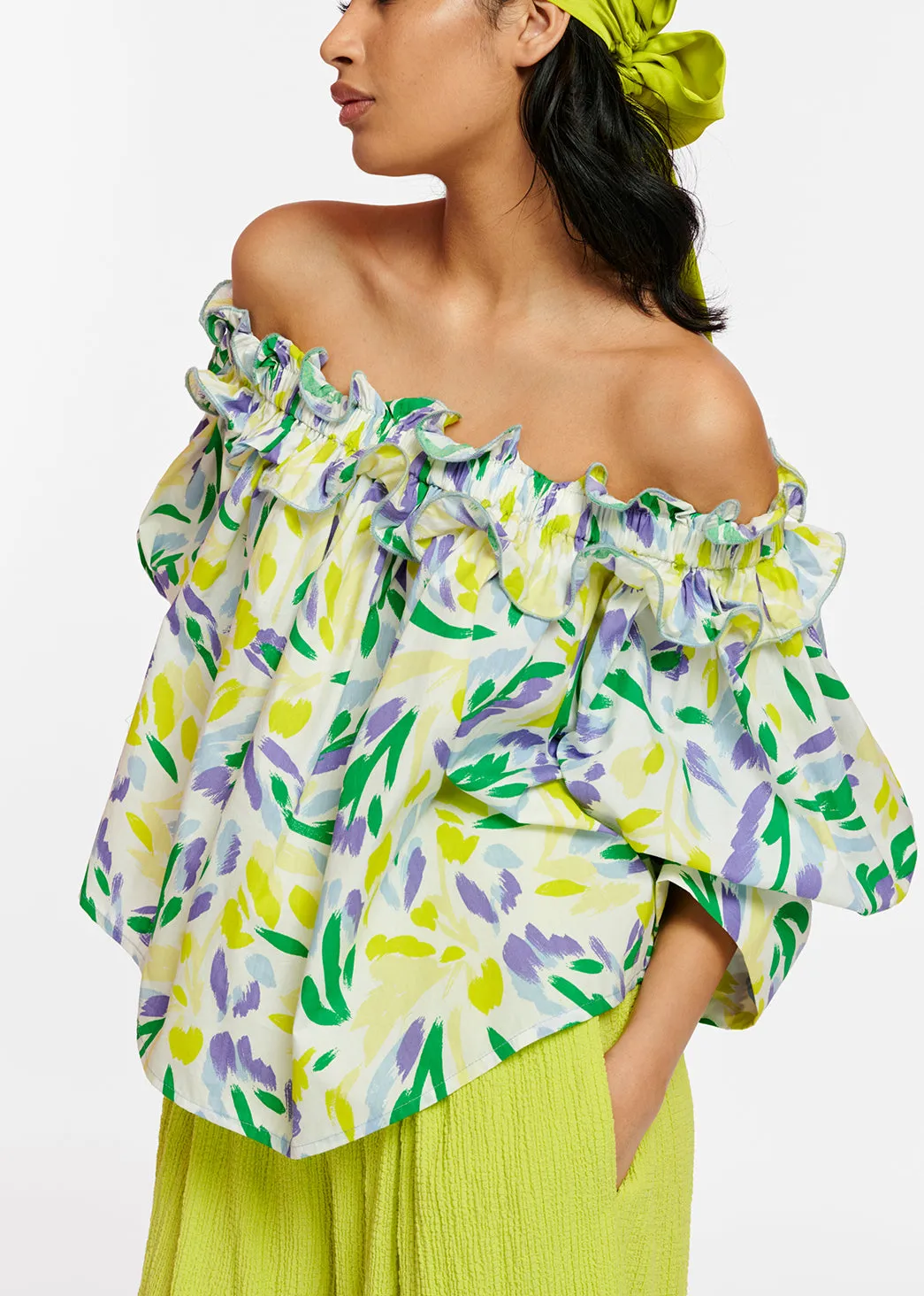 White, yellow and purple floral print off-the-shoulder top