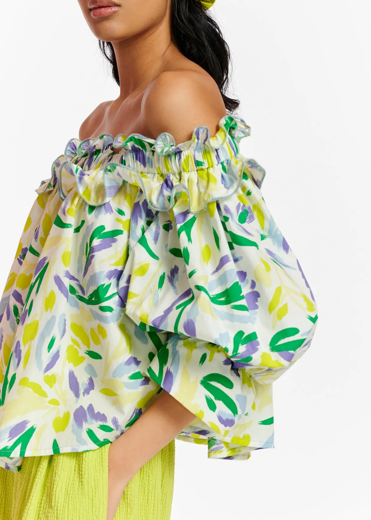 White, yellow and purple floral print off-the-shoulder top