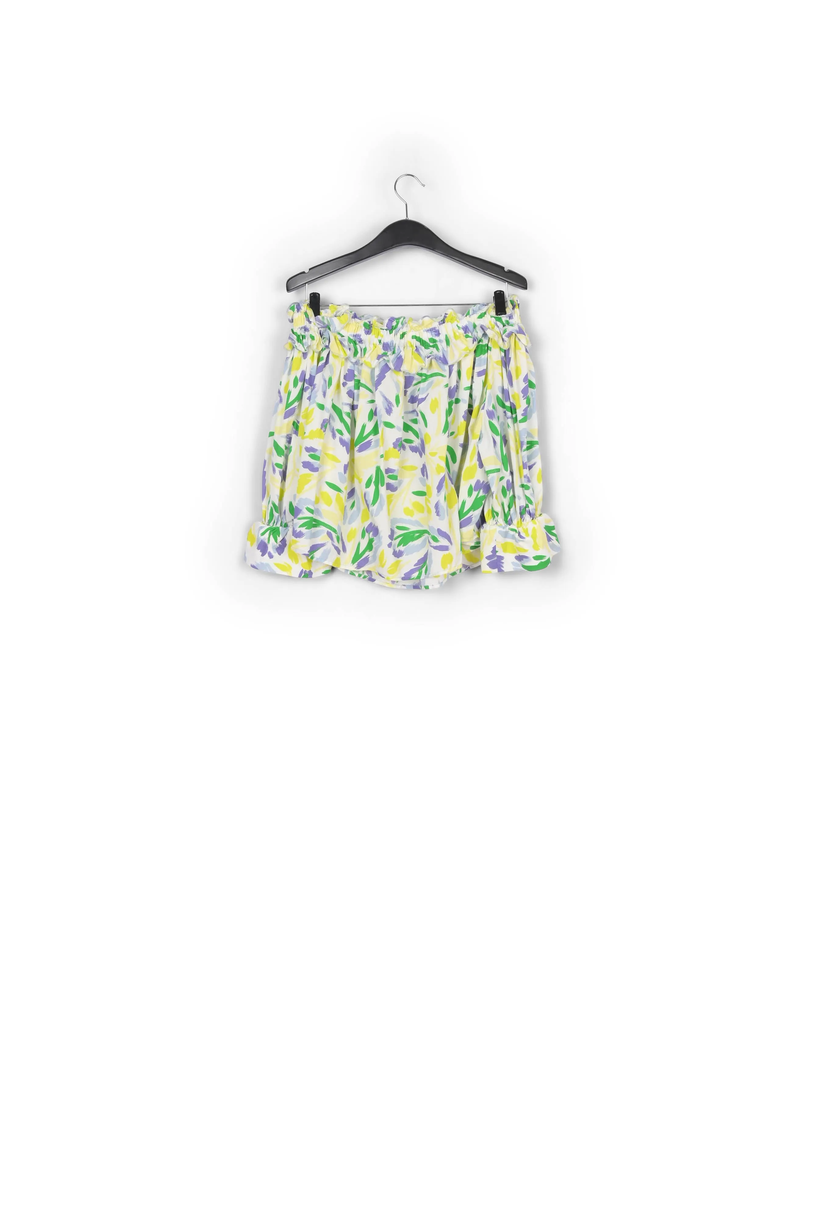 White, yellow and purple floral print off-the-shoulder top