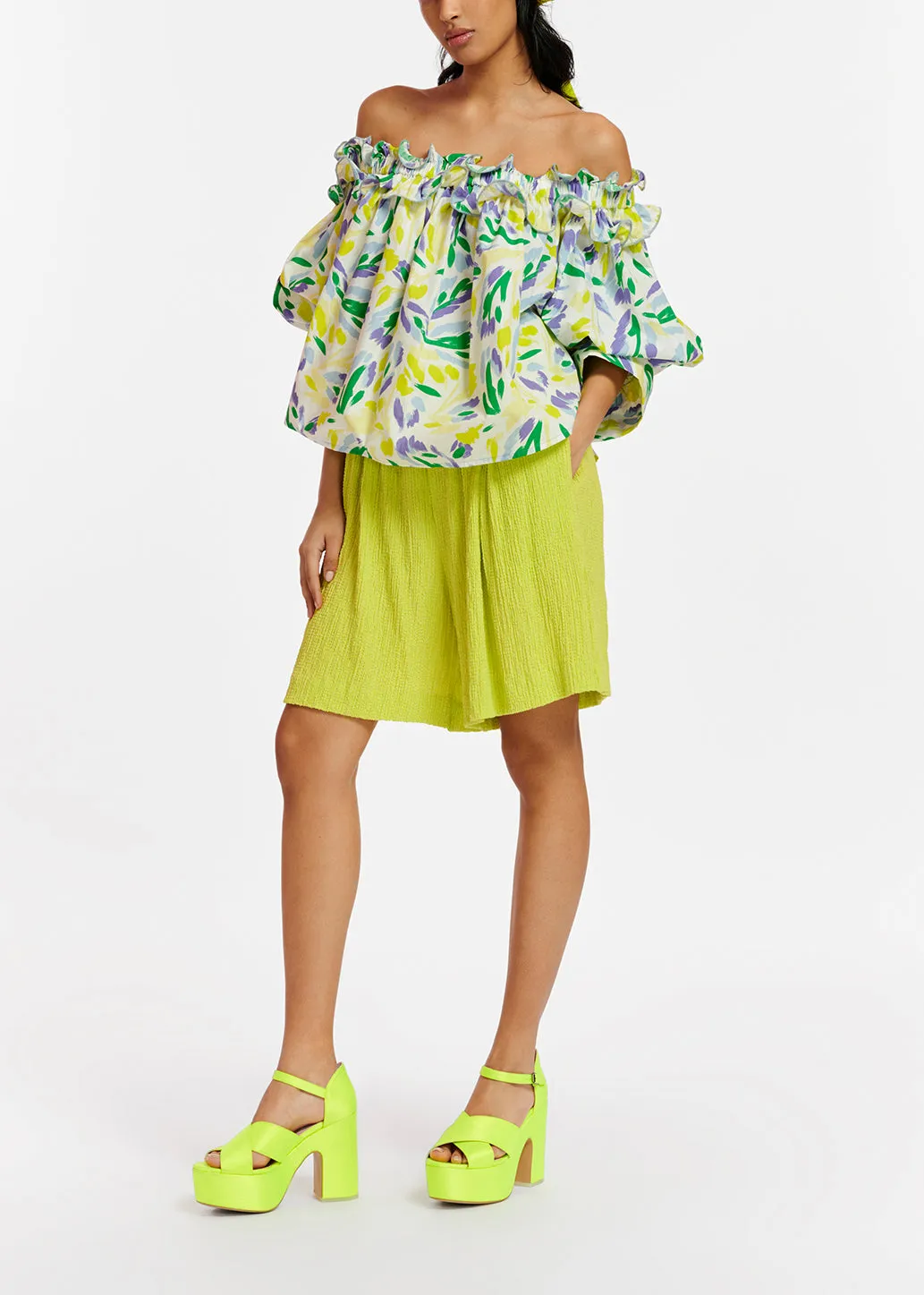 White, yellow and purple floral print off-the-shoulder top
