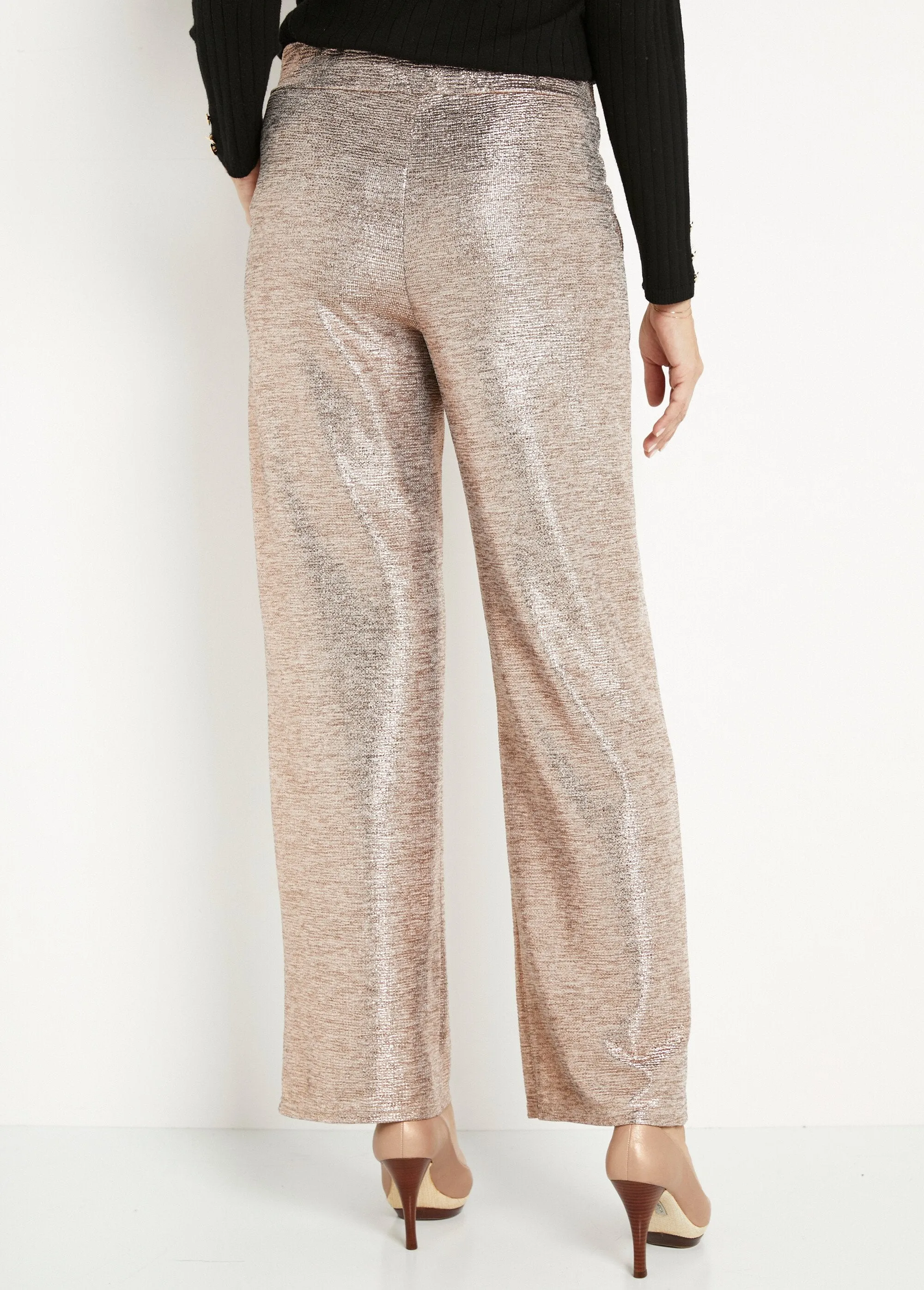 Wide elasticated waist pants in shiny knit