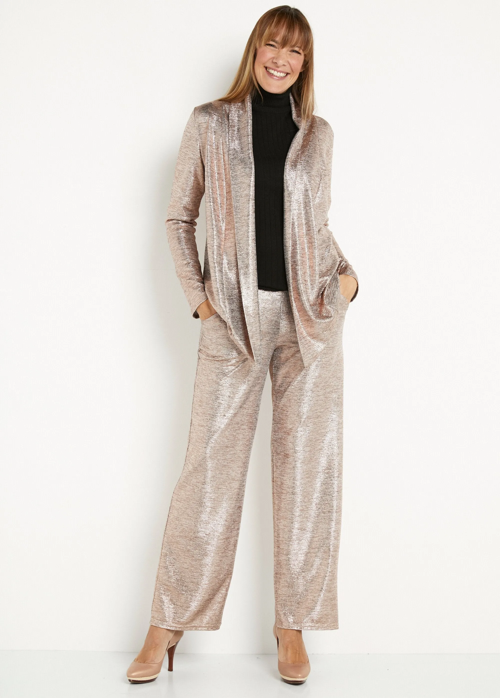 Wide elasticated waist pants in shiny knit