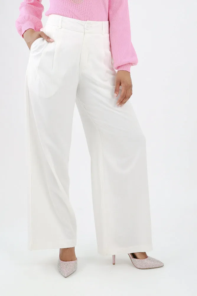 Wide Leg Pleated Trousers -White
