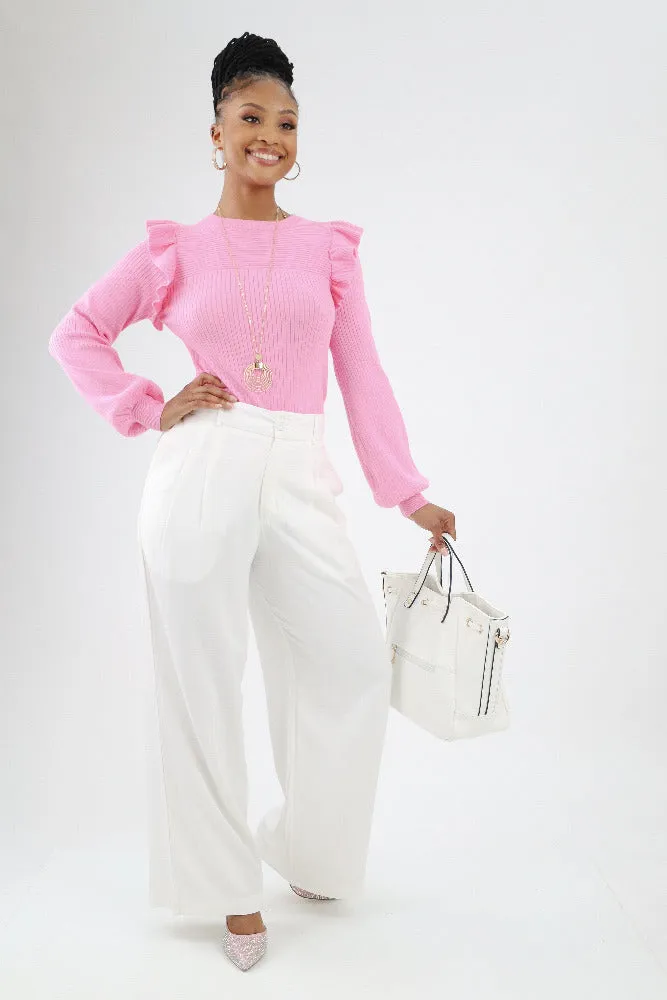 Wide Leg Pleated Trousers -White