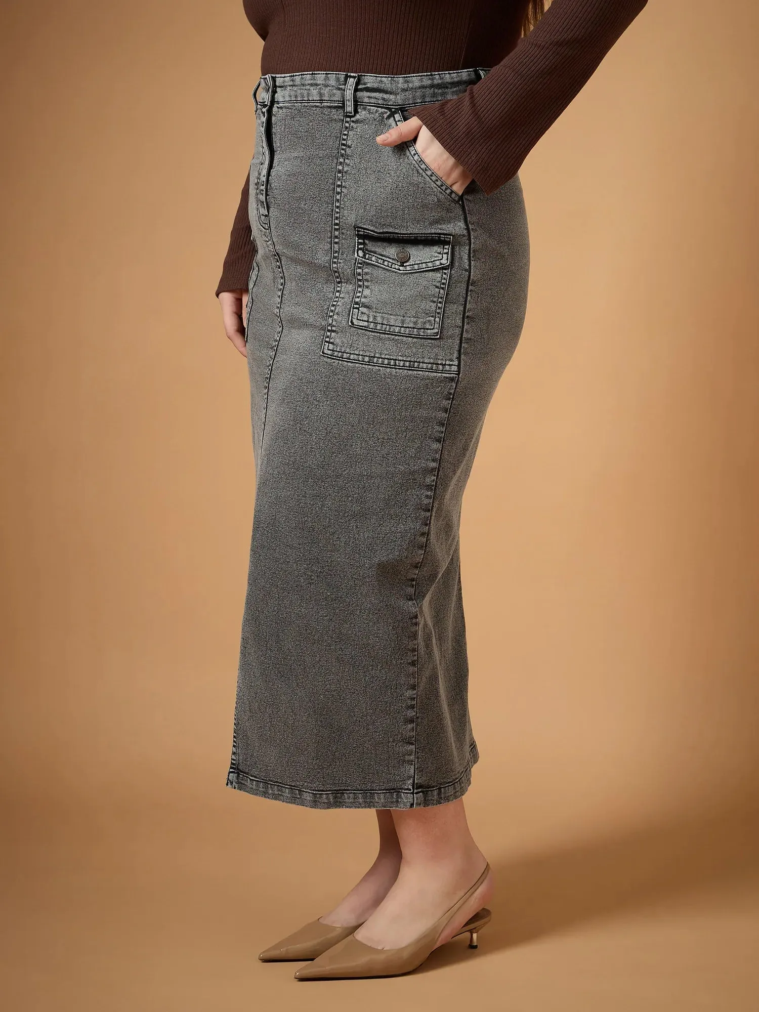 Women Black Denim Wash Front Slit Skirt-SFSKRT30466