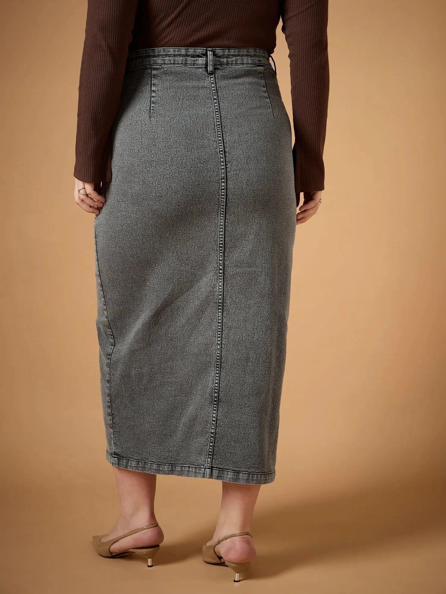 Women Black Denim Wash Front Slit Skirt-SFSKRT30466