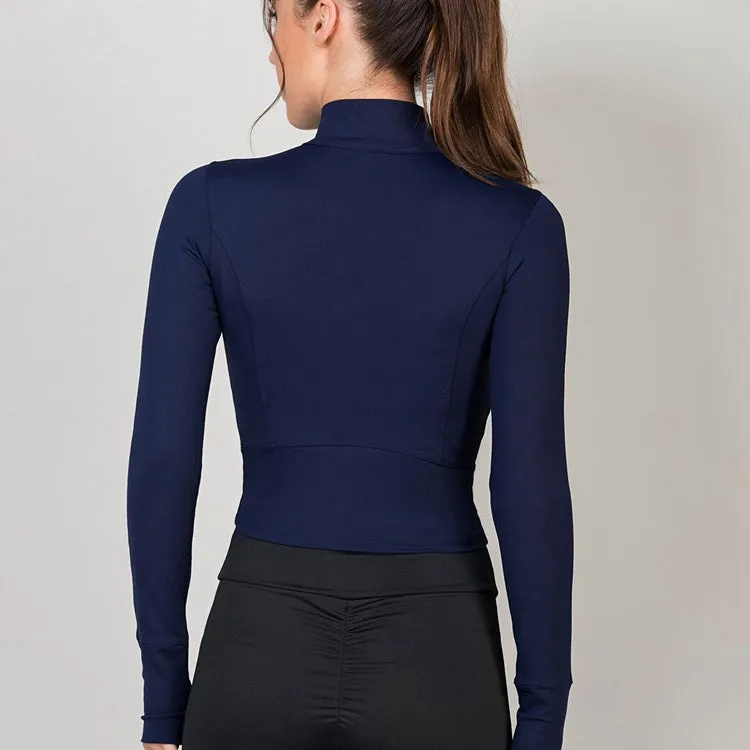 Women High Collar Full Zipper Tummy Control Compression Gym Cropped Jacket High Stretchy Workout Clothing