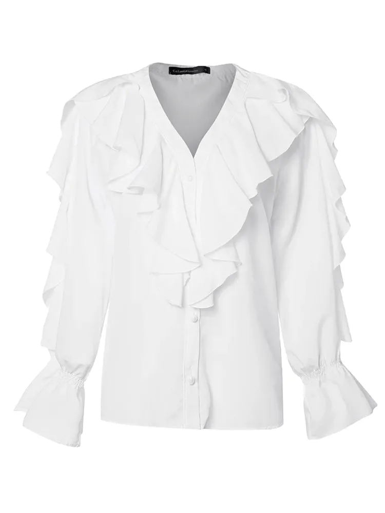Women Ruffled Blouses Stylish Tops Sexy V Neck