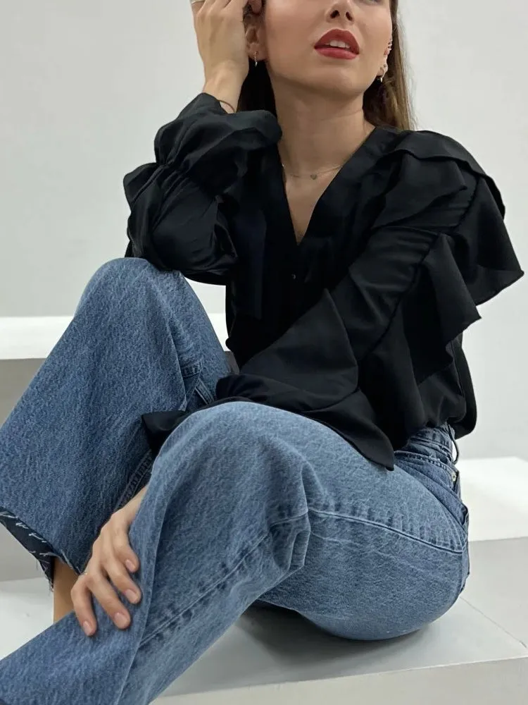 Women Ruffled Blouses Stylish Tops Sexy V Neck