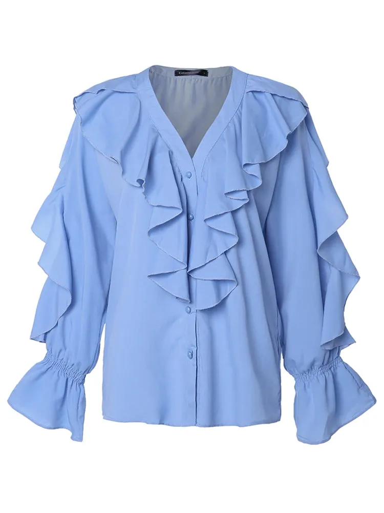 Women Ruffled Blouses Stylish Tops Sexy V Neck