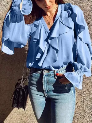 Women Ruffled Blouses Stylish Tops Sexy V Neck