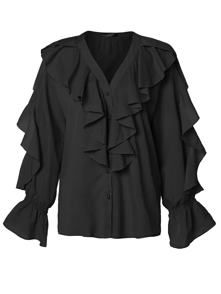 Women Ruffled Blouses Stylish Tops Sexy V Neck
