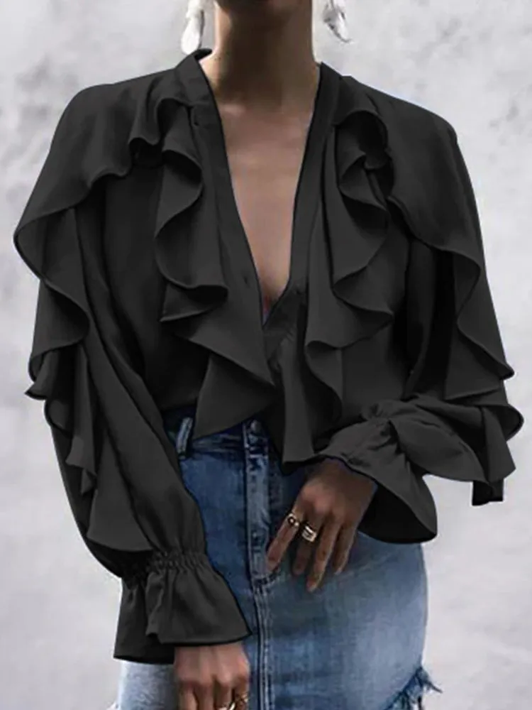 Women Ruffled Blouses Stylish Tops Sexy V Neck