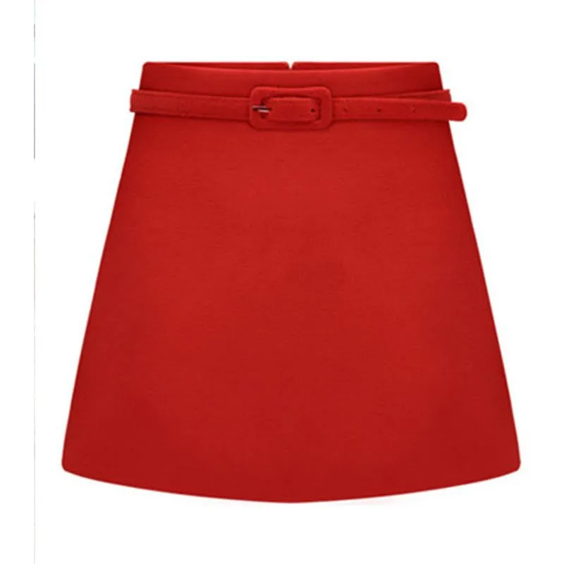 Women Skirts 3 Color Belt High Waist MINI Casual Wool Skirts