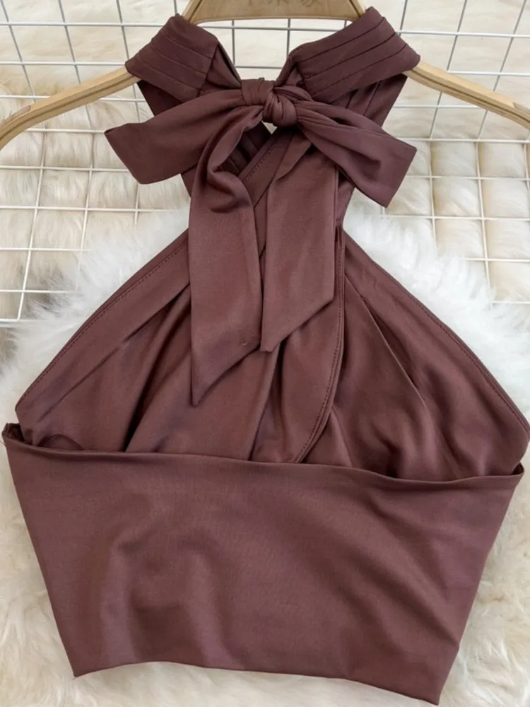 Women Solid Skirts Suit Halter Sexy Cropped Tops