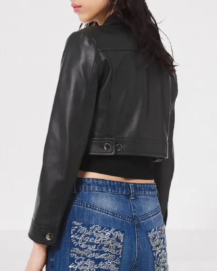 Women's Black Cropped Leather Jacket with Buttoned Closure