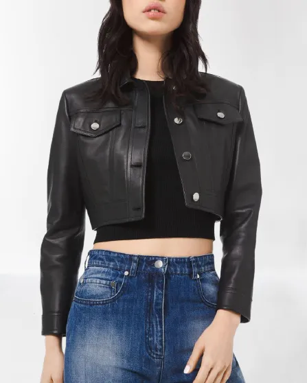 Women's Black Cropped Leather Jacket with Buttoned Closure