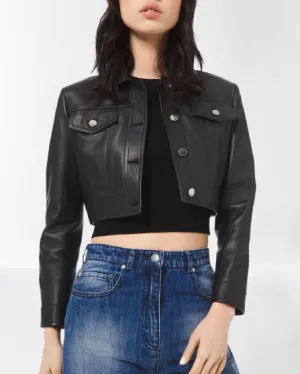 Women's Black Cropped Leather Jacket with Buttoned Closure