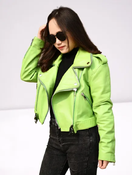 Women's Light Green Biker Leather Jacket