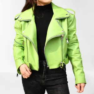 Women's Light Green Biker Leather Jacket
