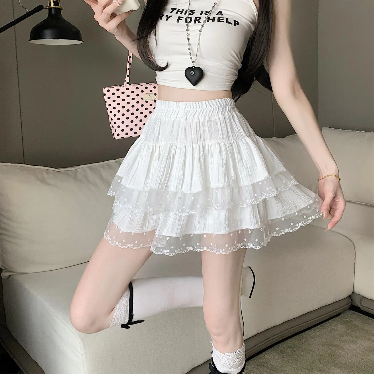 Women's Tiered Solid Skirt with Shirred Design and Tulle Hem