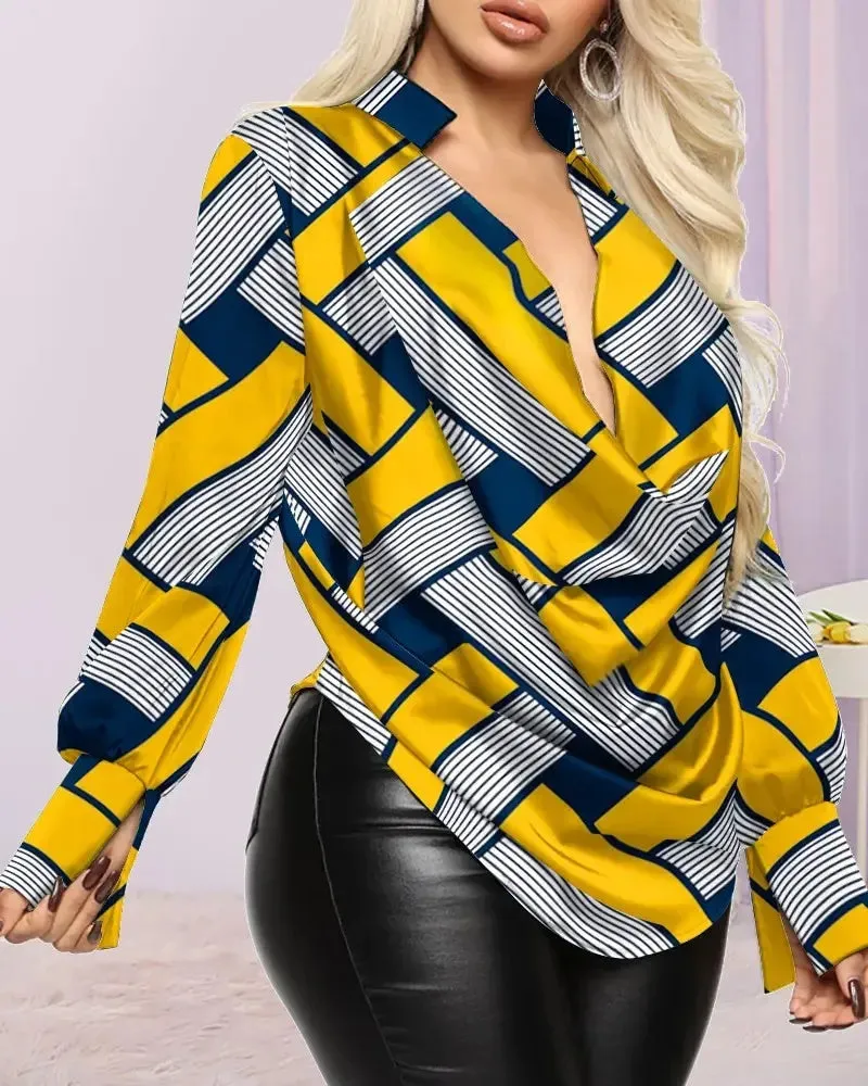 Xieyinshe - Geometric Print Cowl Neck Long Sleeve Top