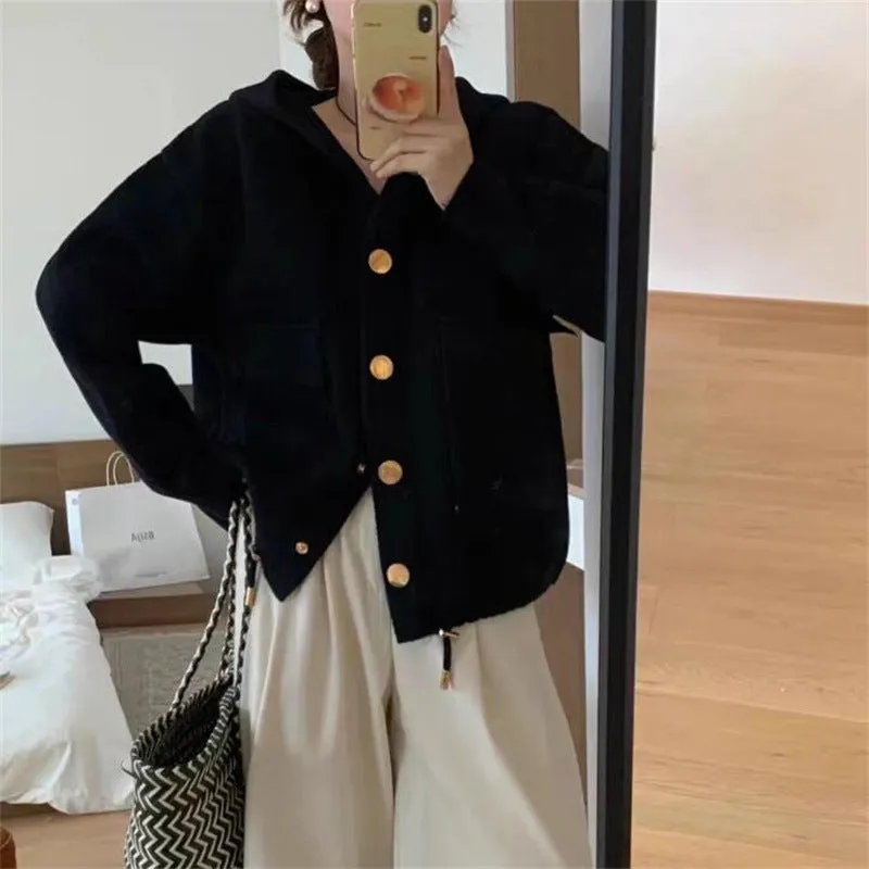 XIEYINSHE Imitation double-sided woolen knitted sweater New autumn new single-breasted short cardigan hooded square pocket top coat women