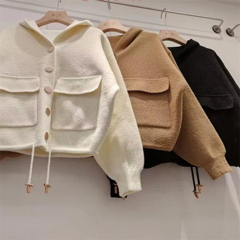 XIEYINSHE Imitation double-sided woolen knitted sweater New autumn new single-breasted short cardigan hooded square pocket top coat women