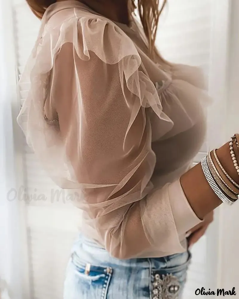 Xieyinshe - Sheer Mesh Ruffled Long Sleeve Top
