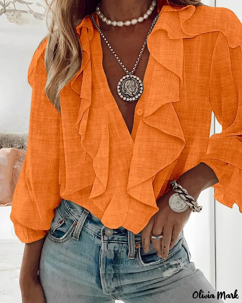 Xieyinshe - Textured Long Sleeve Blouse with Ruffled Hem