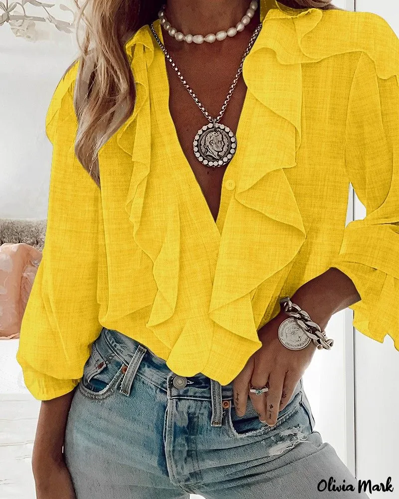 Xieyinshe - Textured Long Sleeve Blouse with Ruffled Hem