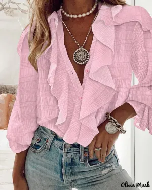 Xieyinshe - Textured Long Sleeve Blouse with Ruffled Hem