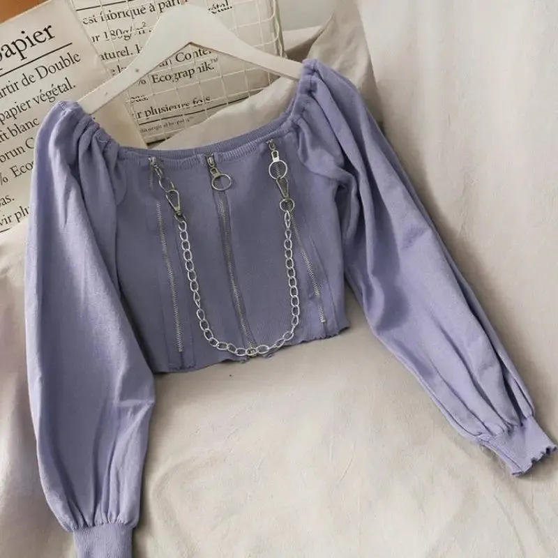 Y2K Long Sleeve Square-Neck Crop Top with Chain and Zipper Details