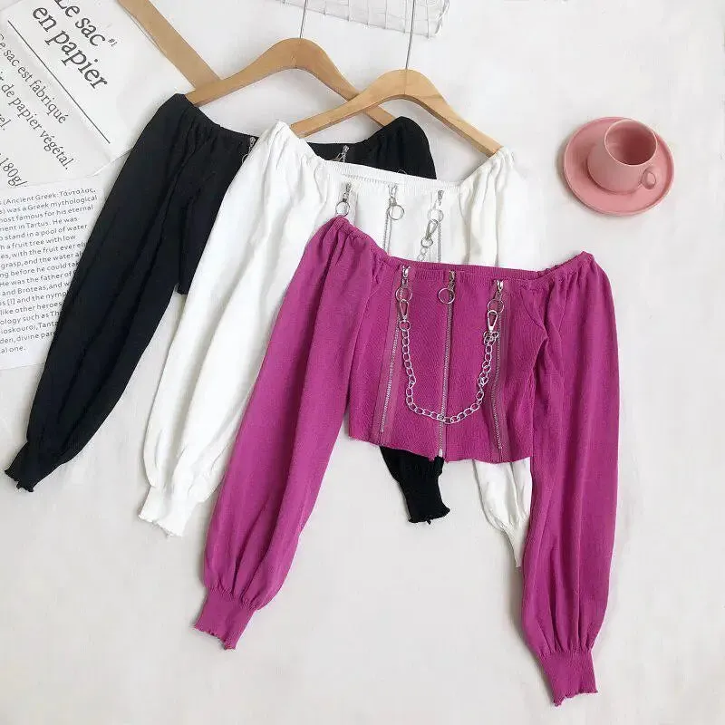 Y2K Long Sleeve Square-Neck Crop Top with Chain and Zipper Details