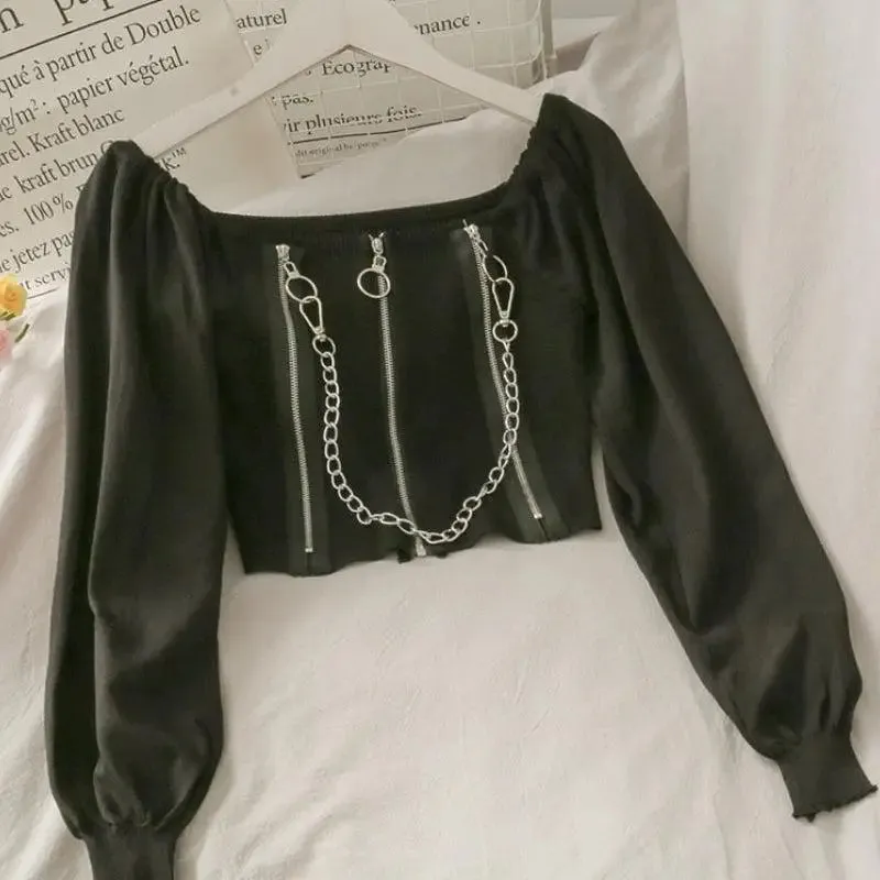 Y2K Long Sleeve Square-Neck Crop Top with Chain and Zipper Details