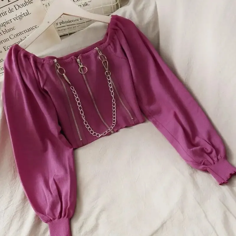 Y2K Long Sleeve Square-Neck Crop Top with Chain and Zipper Details