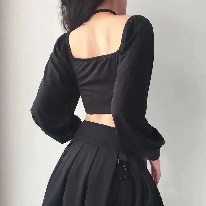 Y2K Long Sleeve Square-Neck Crop Top with Chain and Zipper Details